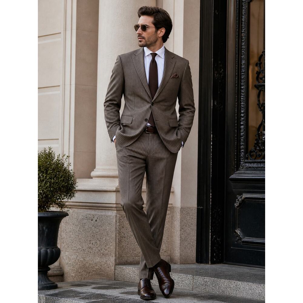 Tasso Elba Jacket 43R L Brown Birdseye 100% Wool Angelico Super 140s Blazer